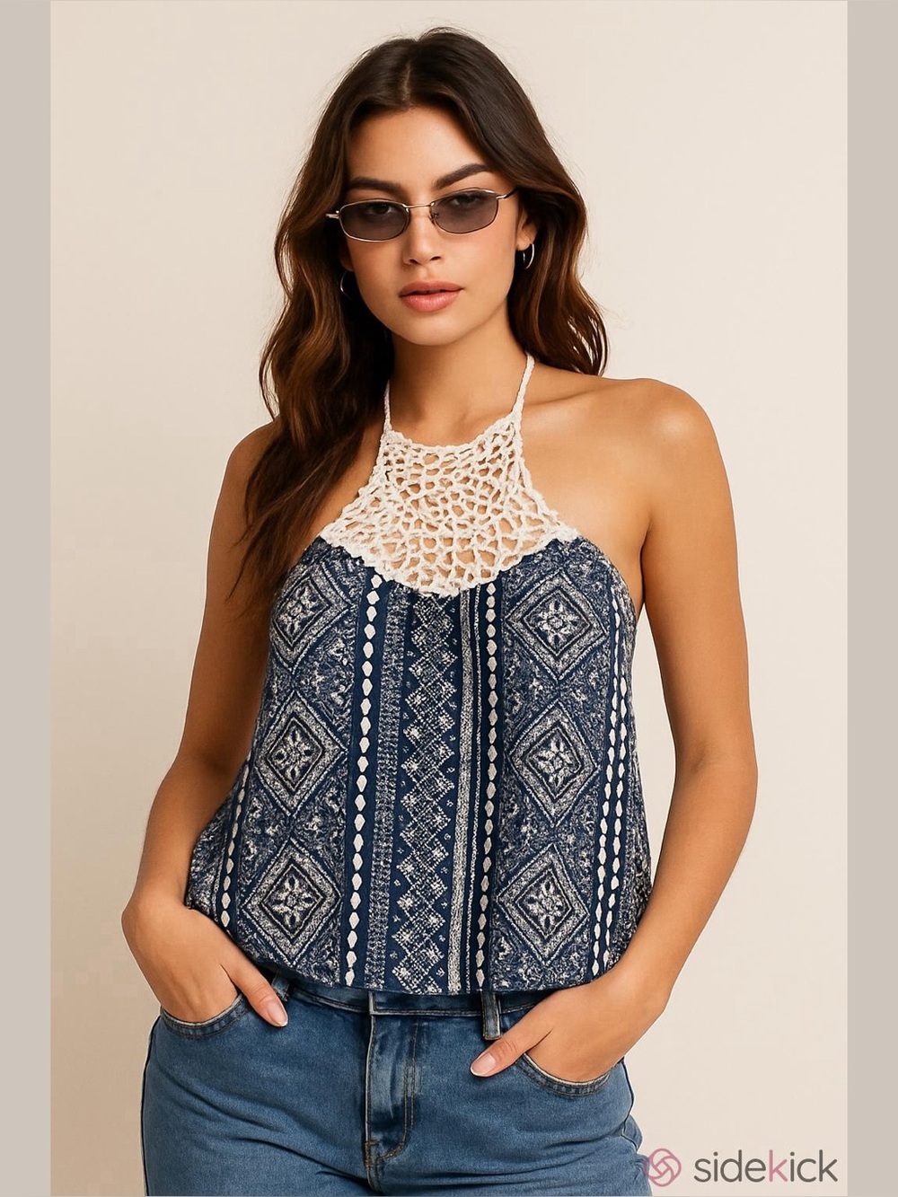 90s Y2K Women’s Navy Crochet Halter Tank Top Size M Boho Flowy